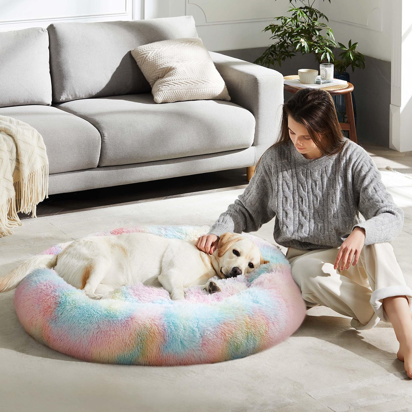 WESTERN HOME WH Calming Dog & Cat Bed, Anti-Anxiety Donut Cuddler Warming Cozy Soft Round Bed, Fluffy Faux Fur Plush Cushion Bed for Small Medium Dogs and Cats (20"/24"/27"/30")