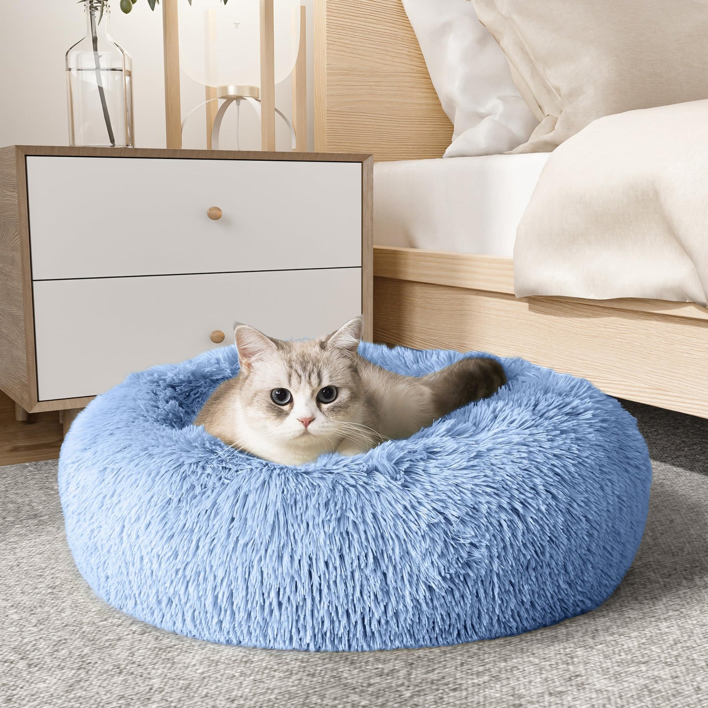 WESTERN HOME WH Calming Dog & Cat Bed, Anti-Anxiety Donut Cuddler Warming Cozy Soft Round Bed, Fluffy Faux Fur Plush Cushion Bed for Small Medium Dogs and Cats (20"/24"/27"/30")