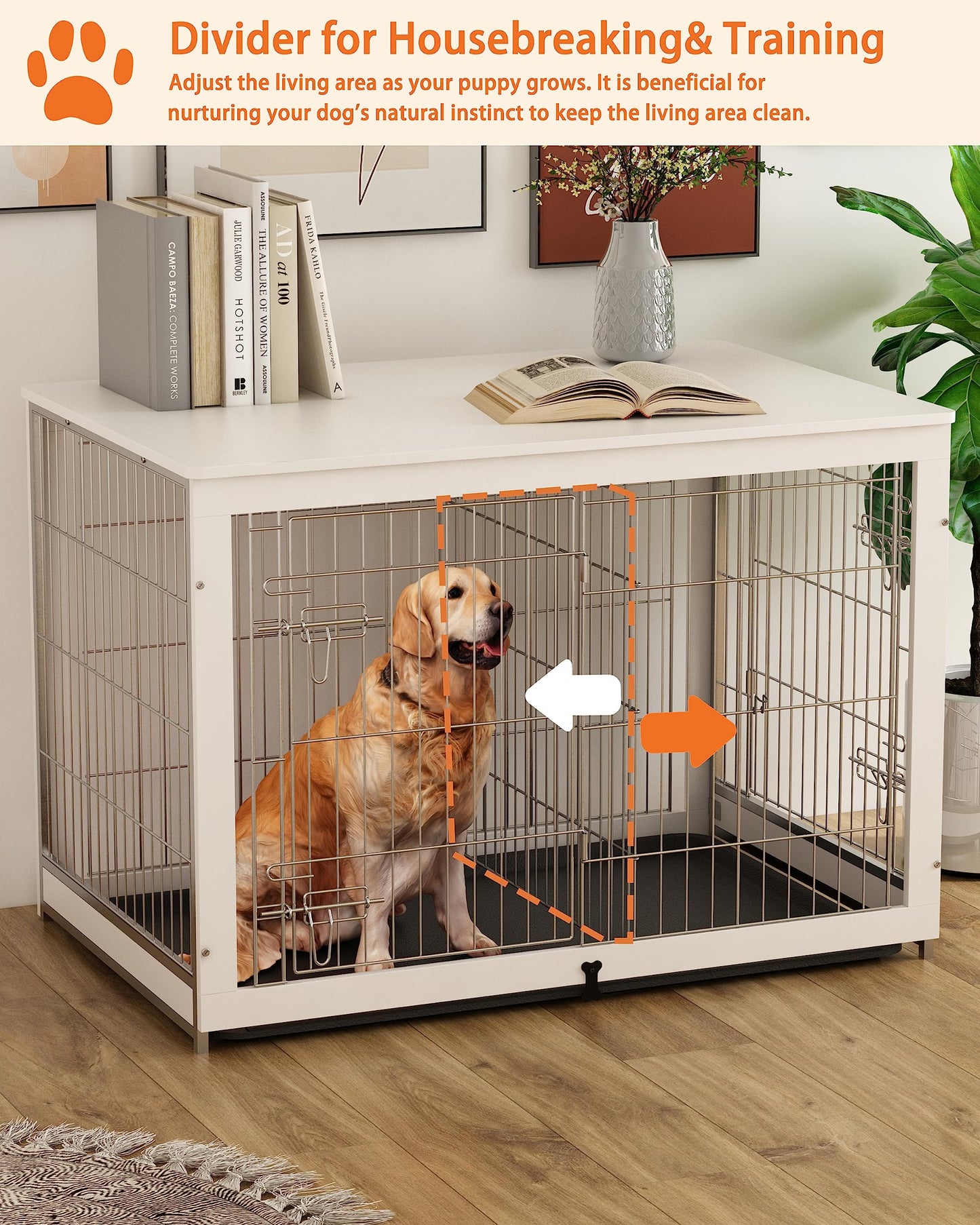 Piskyet Wooden Dog Crate Furniture with Divider Panel, Dog Crate End Table with Fixable Slide Tray, Double Doors Dog Kennel Indoor for Dogs(L:37.8" L*25.1" W*26.3" H,White)