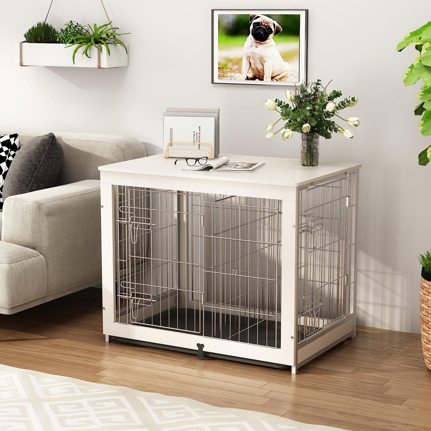 Piskyet Wooden Dog Crate Furniture with Divider Panel, Dog Crate End Table with Fixable Slide Tray, Double Doors Dog Kennel Indoor for Dogs(L:37.8" L*25.1" W*26.3" H,White)