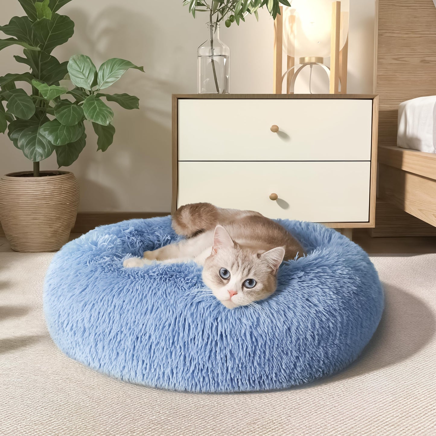 WESTERN HOME WH Calming Dog & Cat Bed, Anti-Anxiety Donut Cuddler Warming Cozy Soft Round Bed, Fluffy Faux Fur Plush Cushion Bed for Small Medium Dogs and Cats (20"/24"/27"/30")