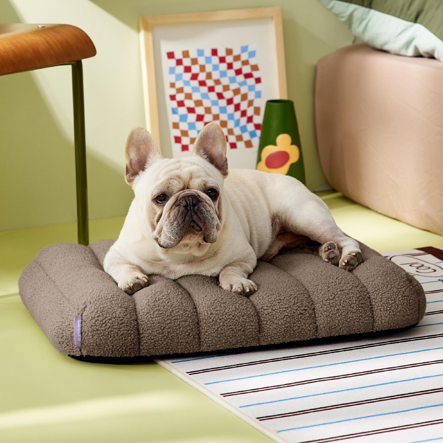 Lesure Cute Orthopedic Dog Bed for Large Dogs, Waterproof Chic Flat Pet Mat with Removable Washable Cover, Fuzzy Thick Egg Crate Foam Pet Mattress for Indoor Use (36" x 27", Cream)