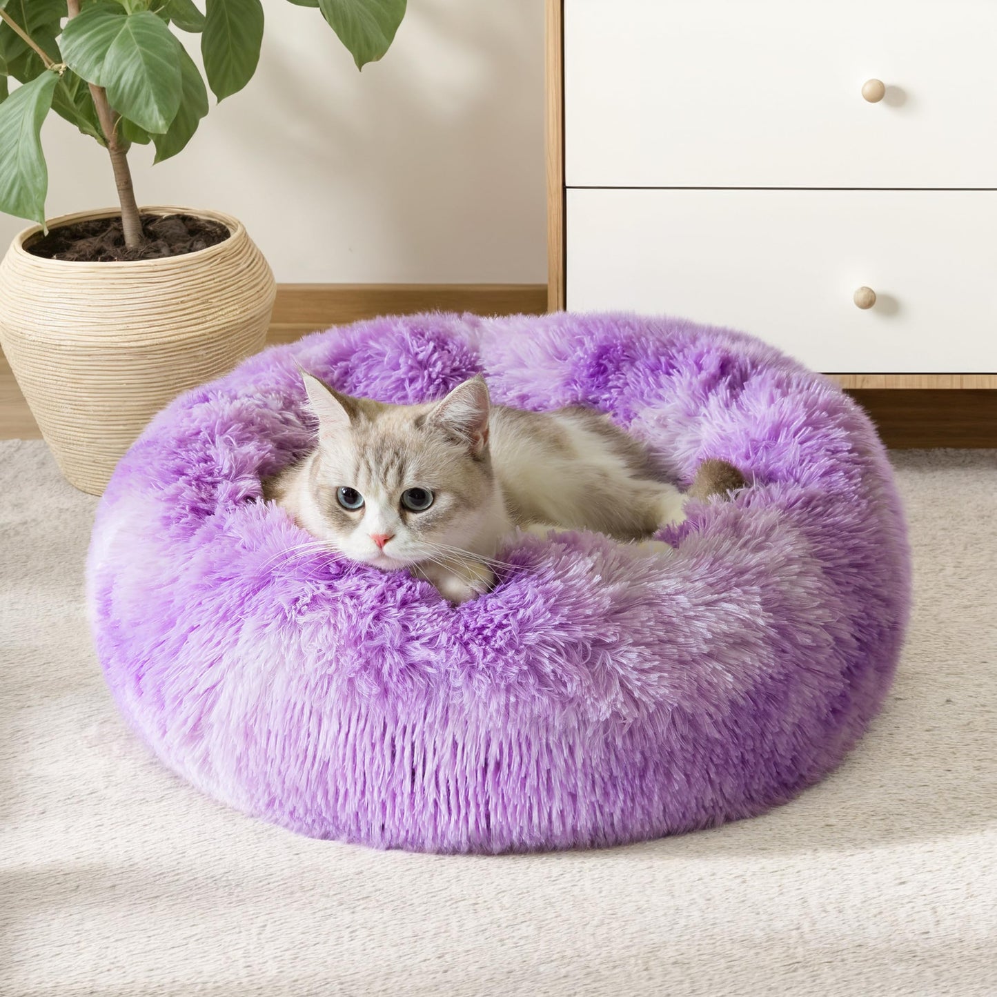 WESTERN HOME WH Calming Dog & Cat Bed, Anti-Anxiety Donut Cuddler Warming Cozy Soft Round Bed, Fluffy Faux Fur Plush Cushion Bed for Small Medium Dogs and Cats (20"/24"/27"/30")