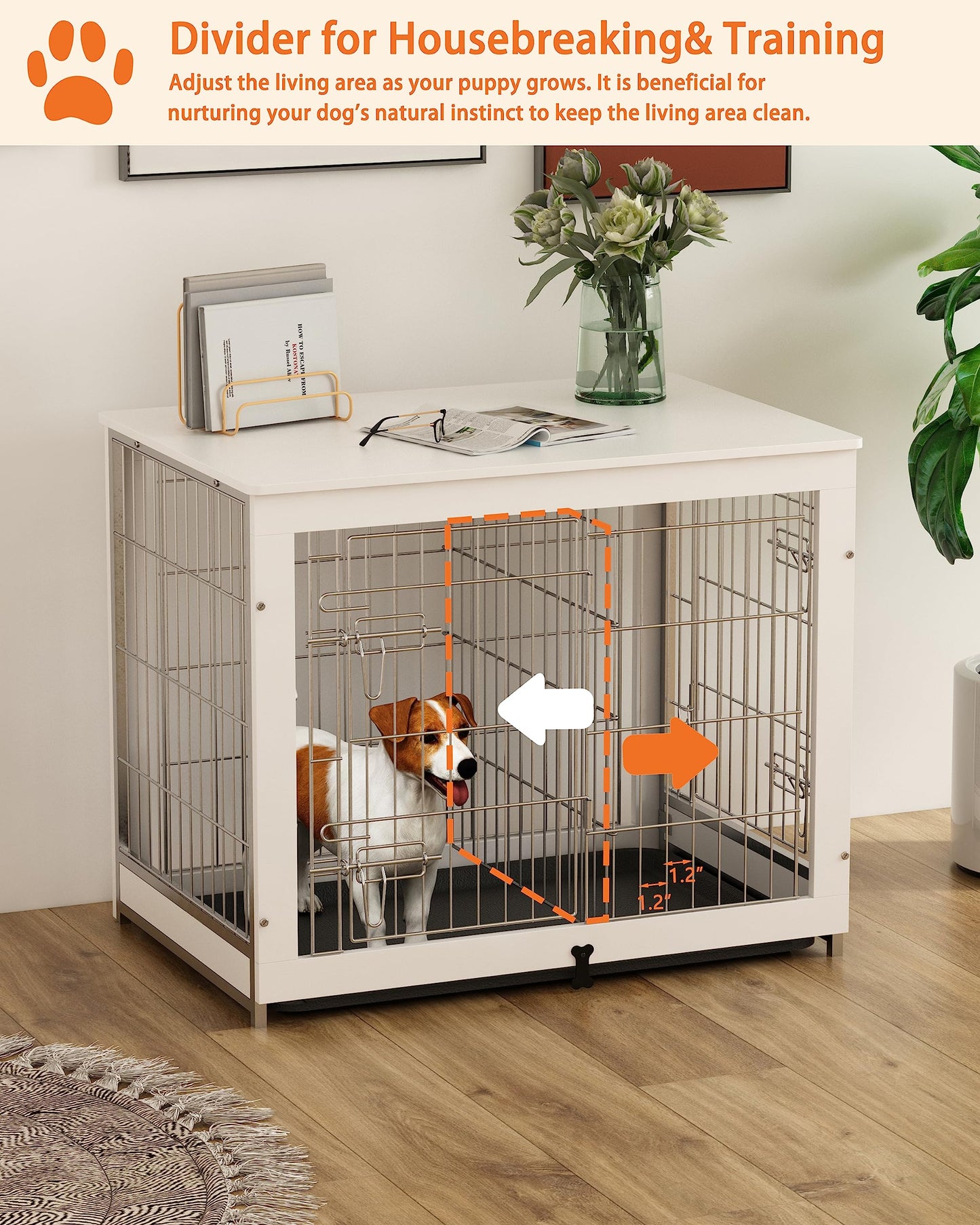 Piskyet Wooden Dog Crate Furniture with Divider Panel, Dog Crate End Table with Fixable Slide Tray, Double Doors Dog Kennel Indoor for Dogs(L:37.8" L*25.1" W*26.3" H,White)